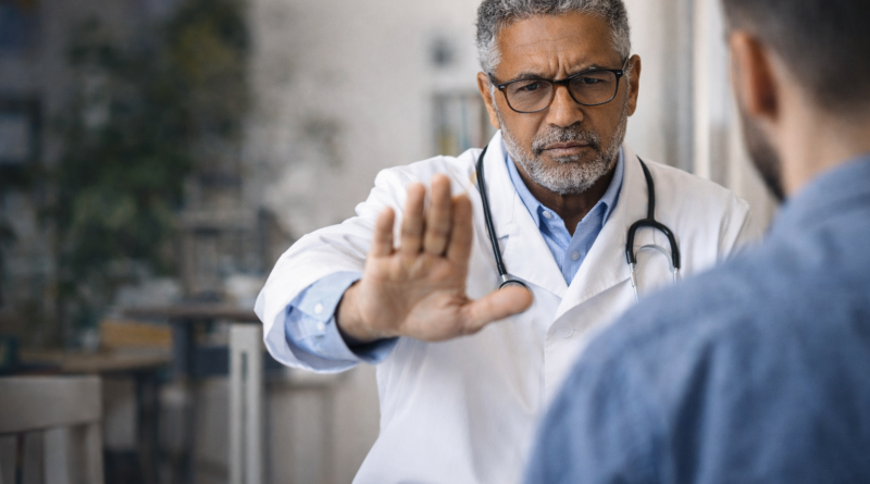 Médecin en blouse blanche faisant un geste de refus de la main face à un patient assis en consultation, dans un cabinet médical.