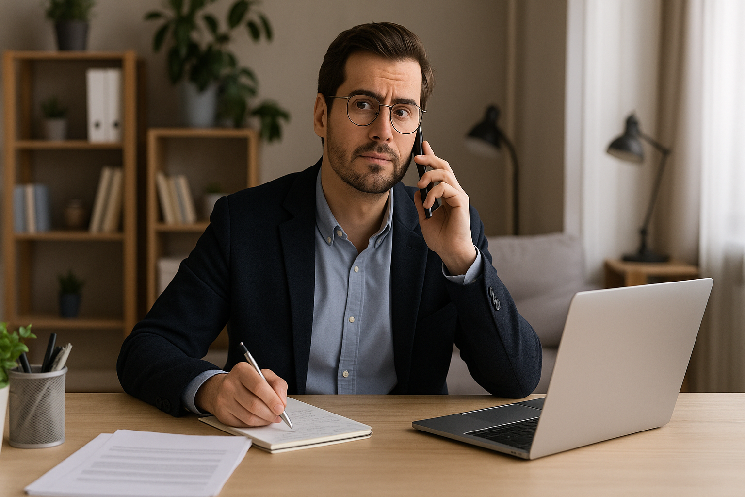 Homme travaillant dans un bureau, téléphone à la main et ordinateur portable ouvert, illustrant le cumul entre salariat et auto-entrepreneuriat.