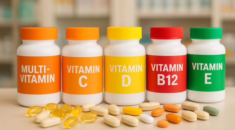 Flacons de vitamines colorées alignés sur une étagère, avec gélules et comprimés visibles en gros plan.