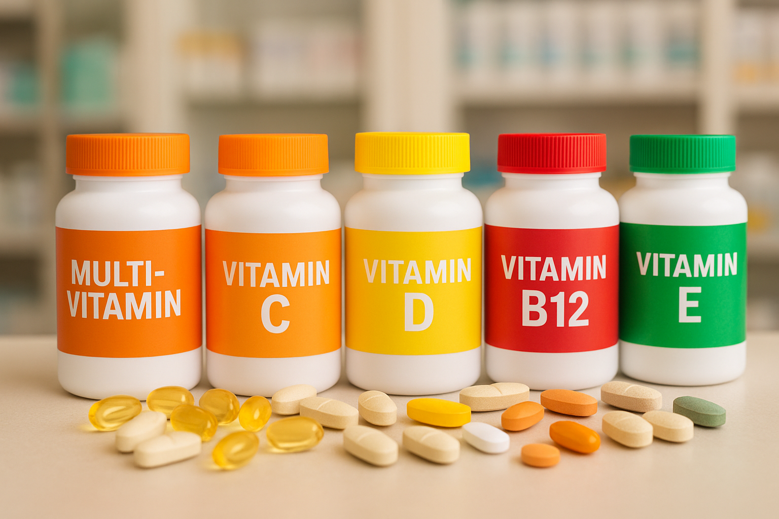 Flacons de vitamines colorées alignés sur une étagère, avec gélules et comprimés visibles en gros plan.