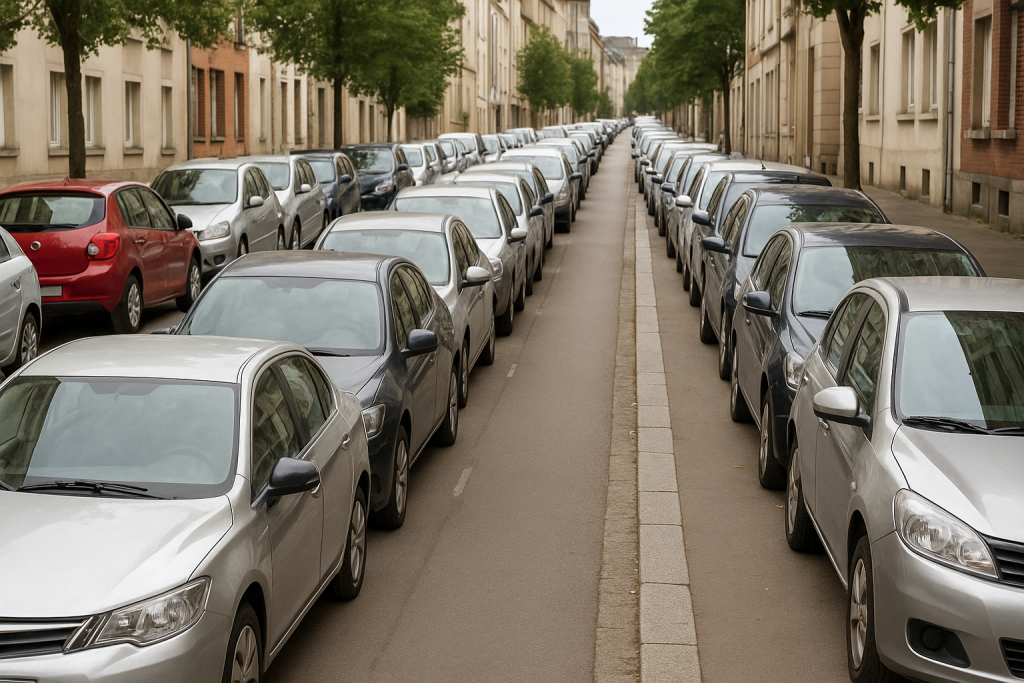 Rue envahie de voitures stationnées le long des trottoirs, laissant à peine de la place pour les piétons, illustrant le stationnement abusif en ville.