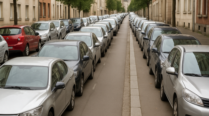Rue envahie de voitures stationnées le long des trottoirs, laissant à peine de la place pour les piétons, illustrant le stationnement abusif en ville.