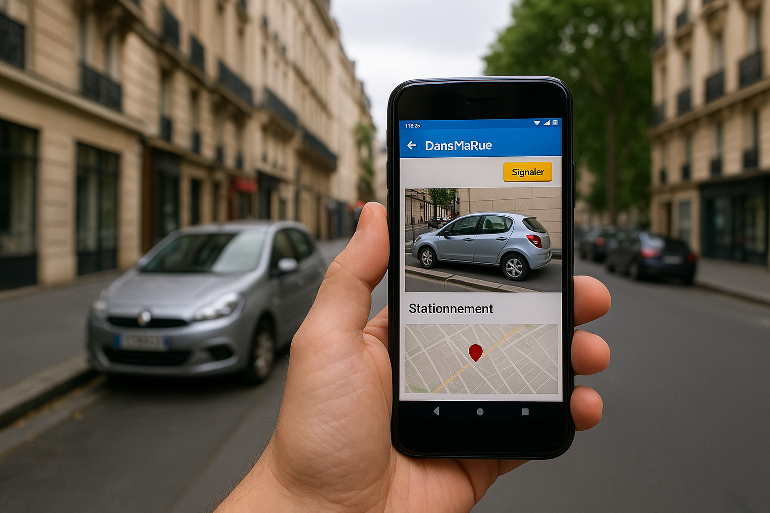 Utilisateur prenant une photo d’un véhicule mal garé via l’application DansMaRue dans une rue de Paris