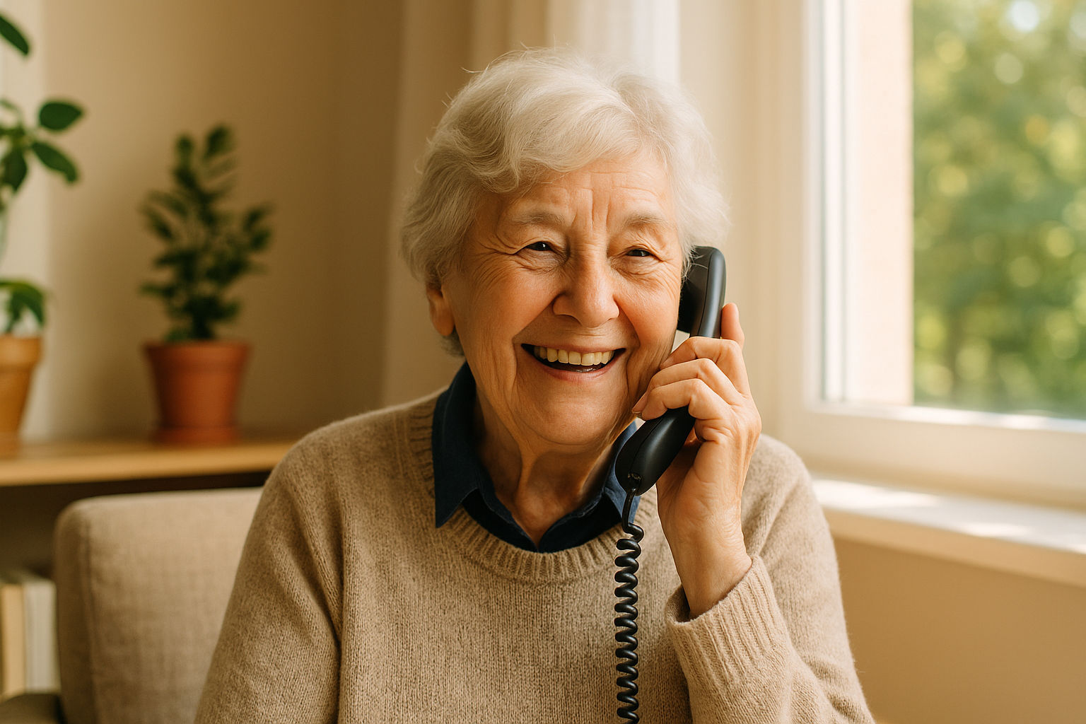 Une femme âgée souriante parle au téléphone près d’une fenêtre ensoleillée, symbolisant la chaleur humaine, le lien social et la lutte contre l’isolement des seniors.