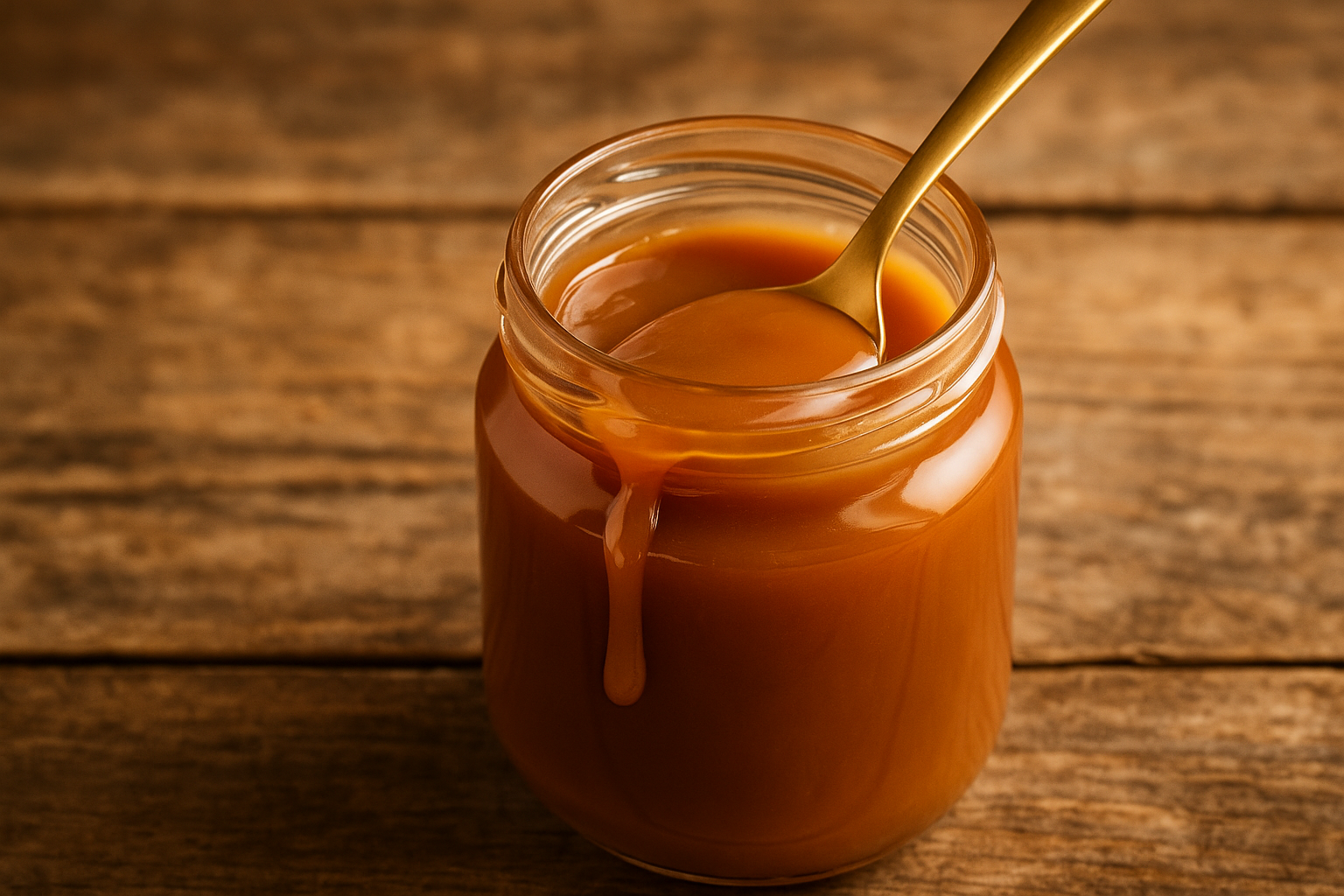 Pot en verre rempli de caramel au beurre salé artisanal, avec une cuillère dorée plongée dedans, posé sur une table en bois rustique éclairée par une lumière naturelle chaude.
