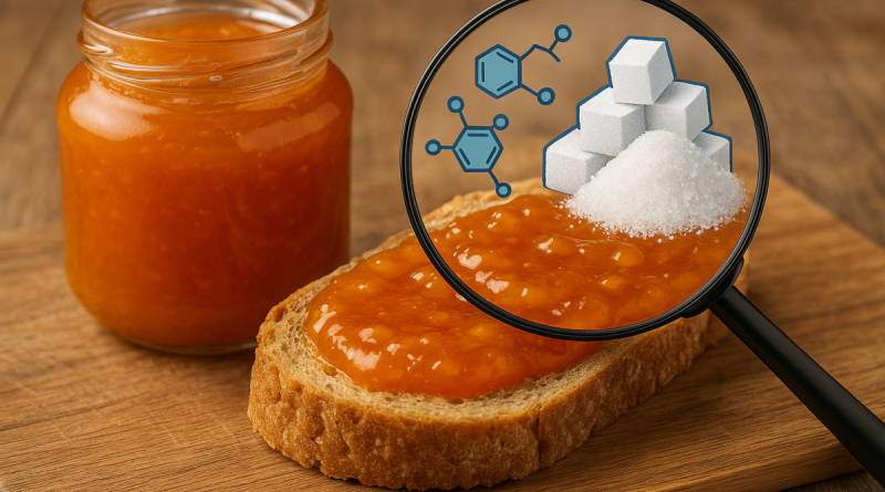 Gros plan sur une tartine recouverte de confiture d’abricot, posée sur une planche en bois, avec une loupe mettant en évidence du sucre et des molécules chimiques pour illustrer les résidus et l’excès de sucre.
