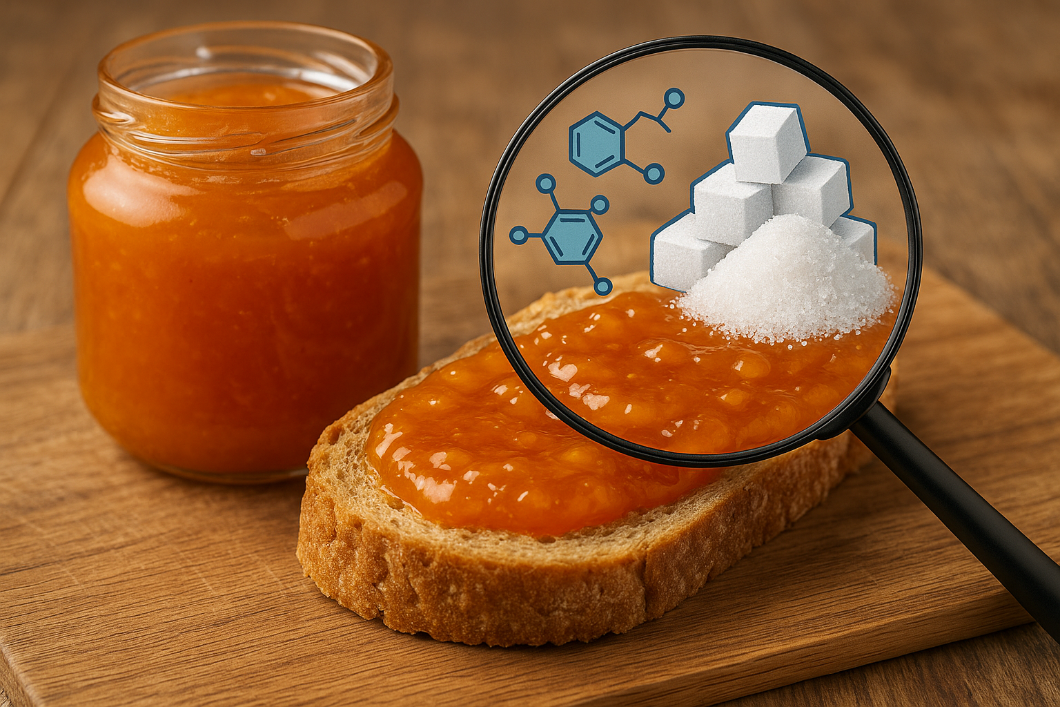 Gros plan sur une tartine recouverte de confiture d’abricot, posée sur une planche en bois, avec une loupe mettant en évidence du sucre et des molécules chimiques pour illustrer les résidus et l’excès de sucre.