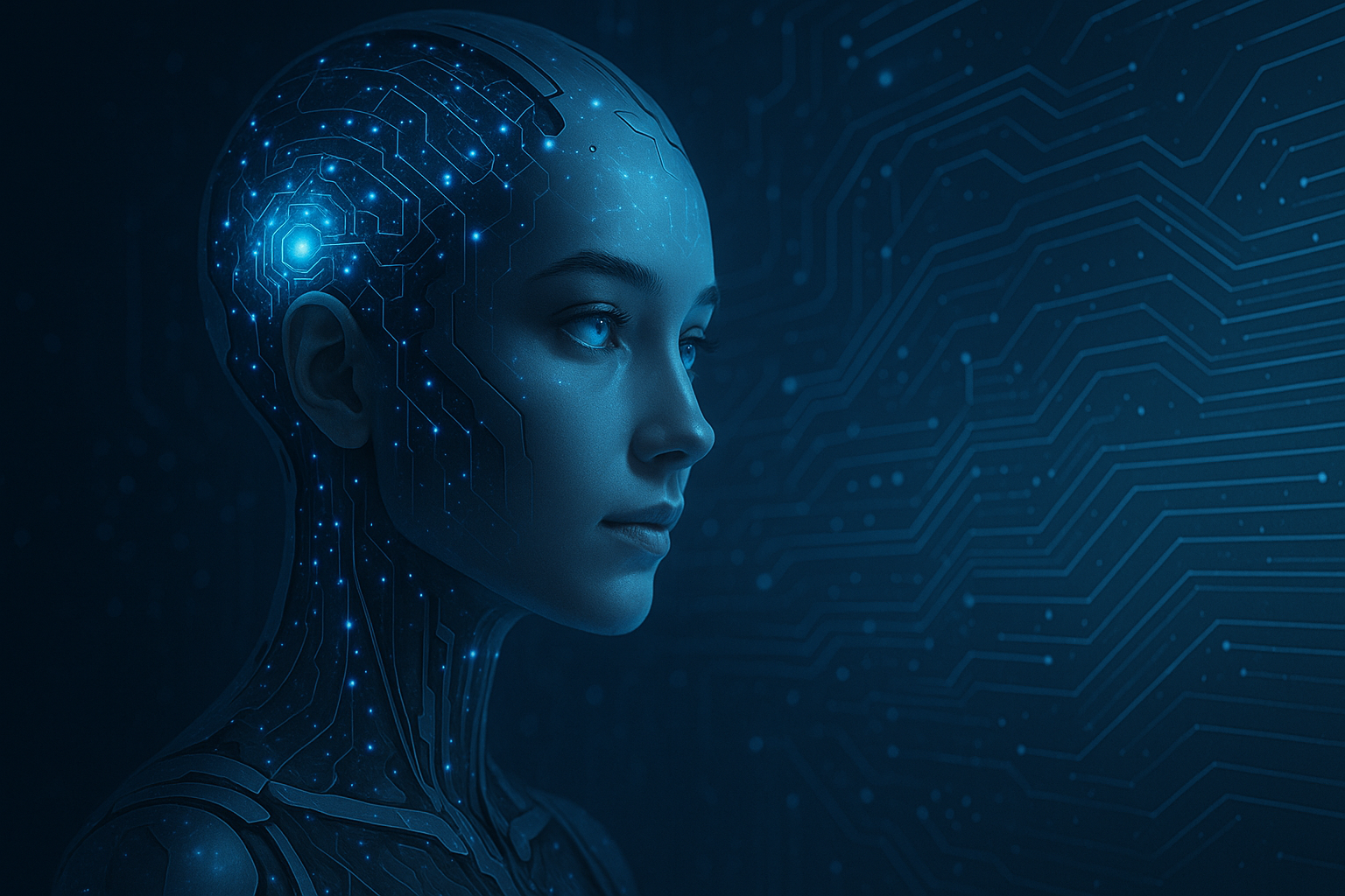 Visage numérique futuriste évoquant une intelligence artificielle féminine, éclairée par une lueur bleutée dans un décor technologique moderne.