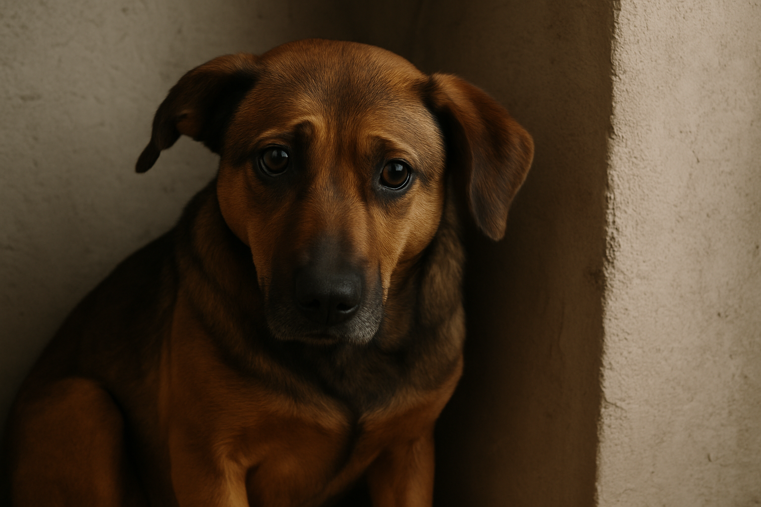 Un chien brun au regard triste, assis contre un mur clair, symbolisant la cruauté animale et la peur ressentie par les animaux maltraités. La lumière naturelle met en valeur ses yeux humides et son expression d’effroi silencieux.