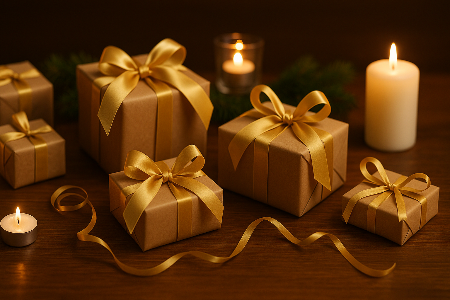 Une table en bois chaleureuse décorée avec plusieurs cadeaux emballés de papier kraft et rubans dorés, éclairée par des bougies et une lumière douce, créant une ambiance festive et élégante parfaite pour illustrer des idées cadeaux pour femmes et hommes.