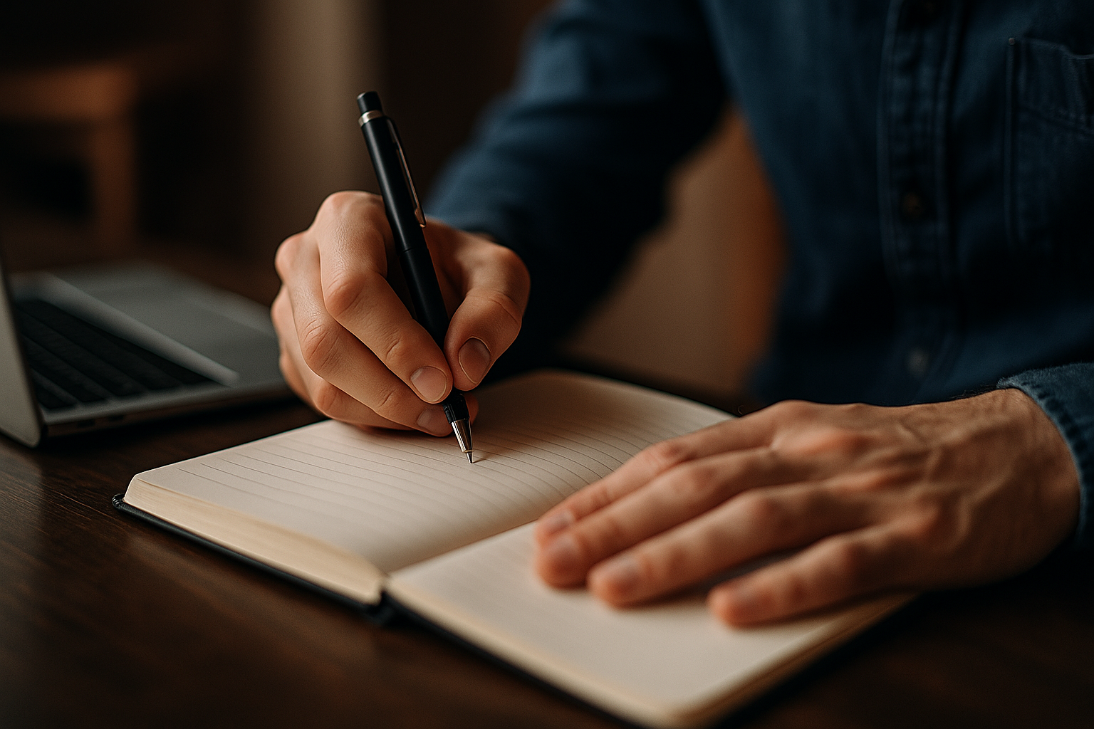 Main écrivant dans un carnet posé sur un bureau, avec un ordinateur en arrière-plan et une ambiance chaleureuse d’auteur au travail.