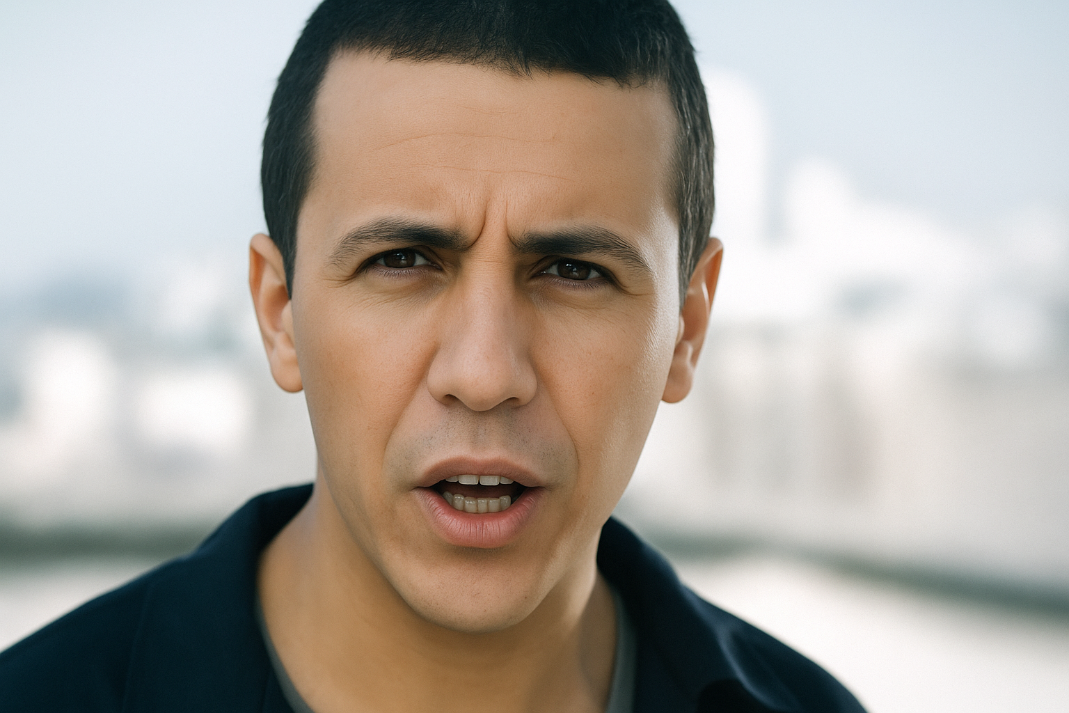 Portrait rapproché d’un homme au visage sérieux, regard tourné vers l’objectif, en extérieur, avec un fond urbain flou et une lumière naturelle douce.