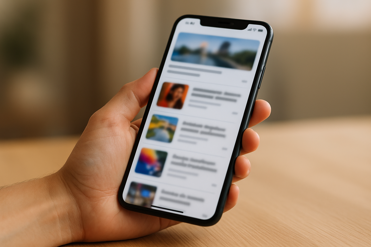 Main tenant un smartphone moderne légèrement décalé sur la droite, posé au-dessus d’une table en bois claire, affichant un flux d’articles floutés et colorés sans texte lisible, sur fond flou lumineux — image naturelle et épurée adaptée à Google Discover.