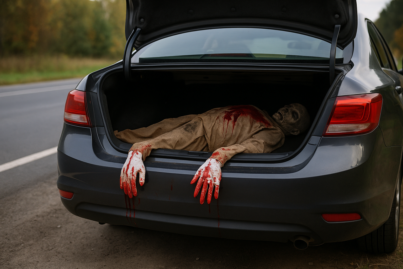 Coffre de voiture entrouvert au bord d’une route, avec un faux cadavre et des gants ensanglantés en décoration, scène d’Halloween réaliste en format paysage et sans texte.