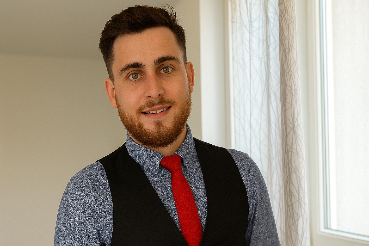 Jeune homme au regard bienveillant portant une chemise bleue, une cravate rouge et un gilet noir, se tenant près d’une fenêtre baignée de lumière naturelle, dans une atmosphère calme et chaleureuse.