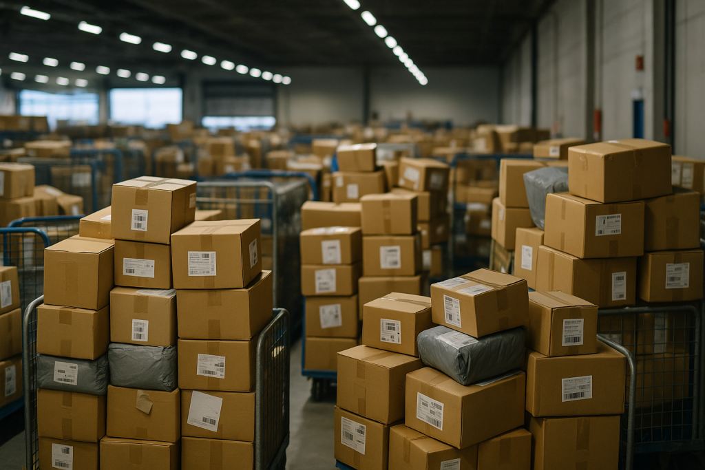 Colis empilés dans un grand entrepôt logistique sous éclairage fluorescent, prêts à être contrôlés par les douanes françaises avant expédition.