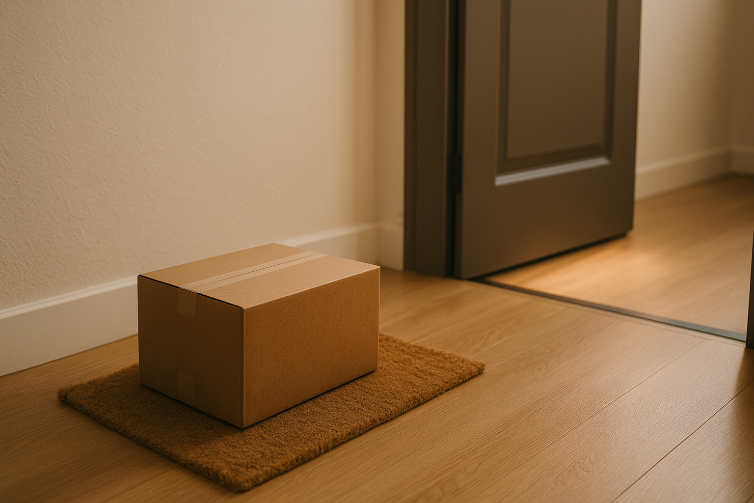 Un carton de livraison fermé posé sur un paillasson devant une porte d’appartement entrouverte, éclairé par une lumière naturelle douce, illustrant un colis non reçu ou abandonné après une commande en ligne.