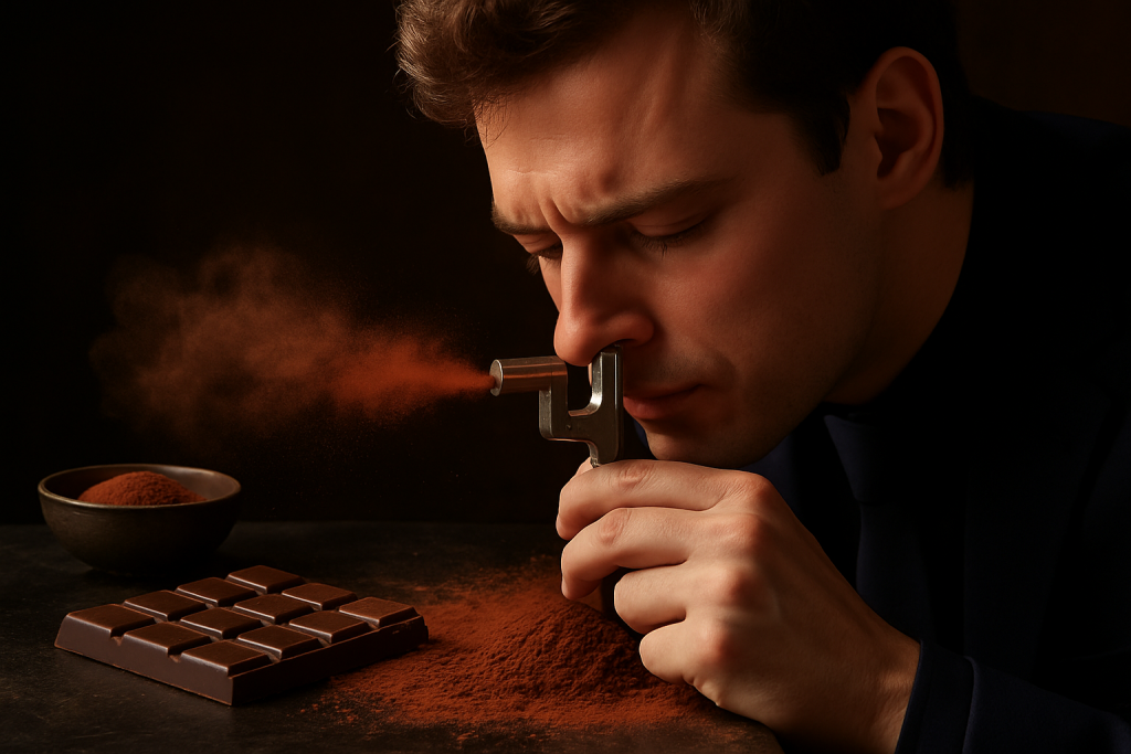 Gros plan d’un homme utilisant un dispositif métallique projetant de la poudre de cacao dans l’air, avec tablette de chocolat et poudre au premier plan, ambiance sombre et contrastée.