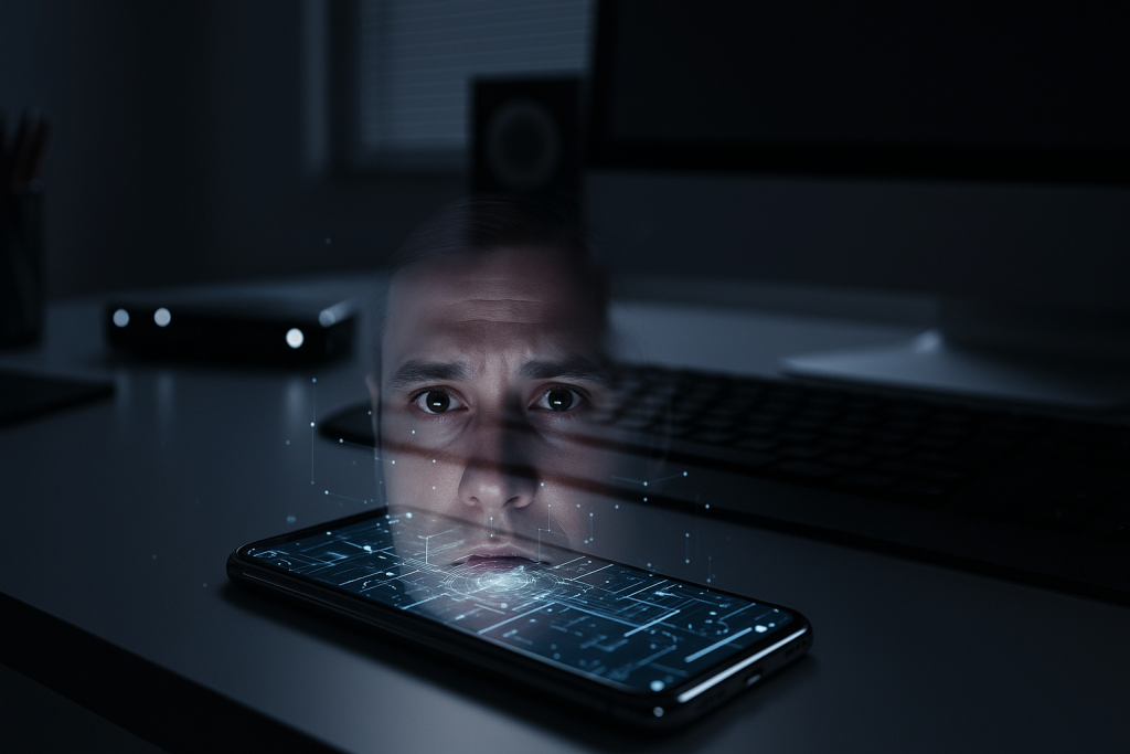 Un smartphone posé sur un bureau moderne, affichant un circuit lumineux avec le reflet d’un visage humain, symbolisant la surveillance numérique et la collecte de données personnelles.