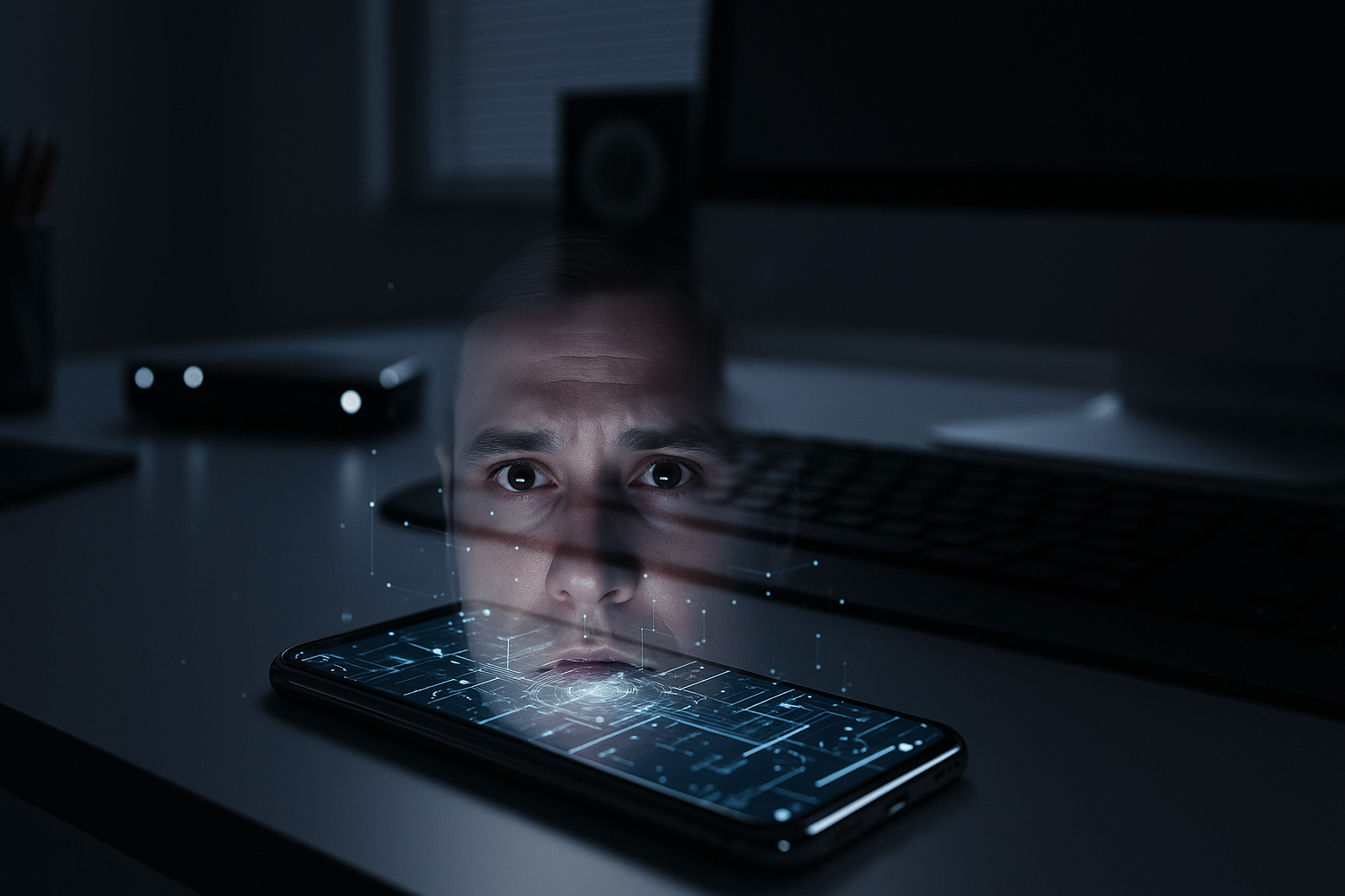 Un smartphone posé sur un bureau moderne, affichant un circuit lumineux avec le reflet d’un visage humain, symbolisant la surveillance numérique et la collecte de données personnelles.