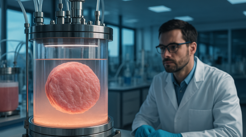 Vue d’un laboratoire moderne où un scientifique observe une grande cuve transparente contenant un morceau de viande artificielle en cours de culture, éclairé par une lumière rosée.
