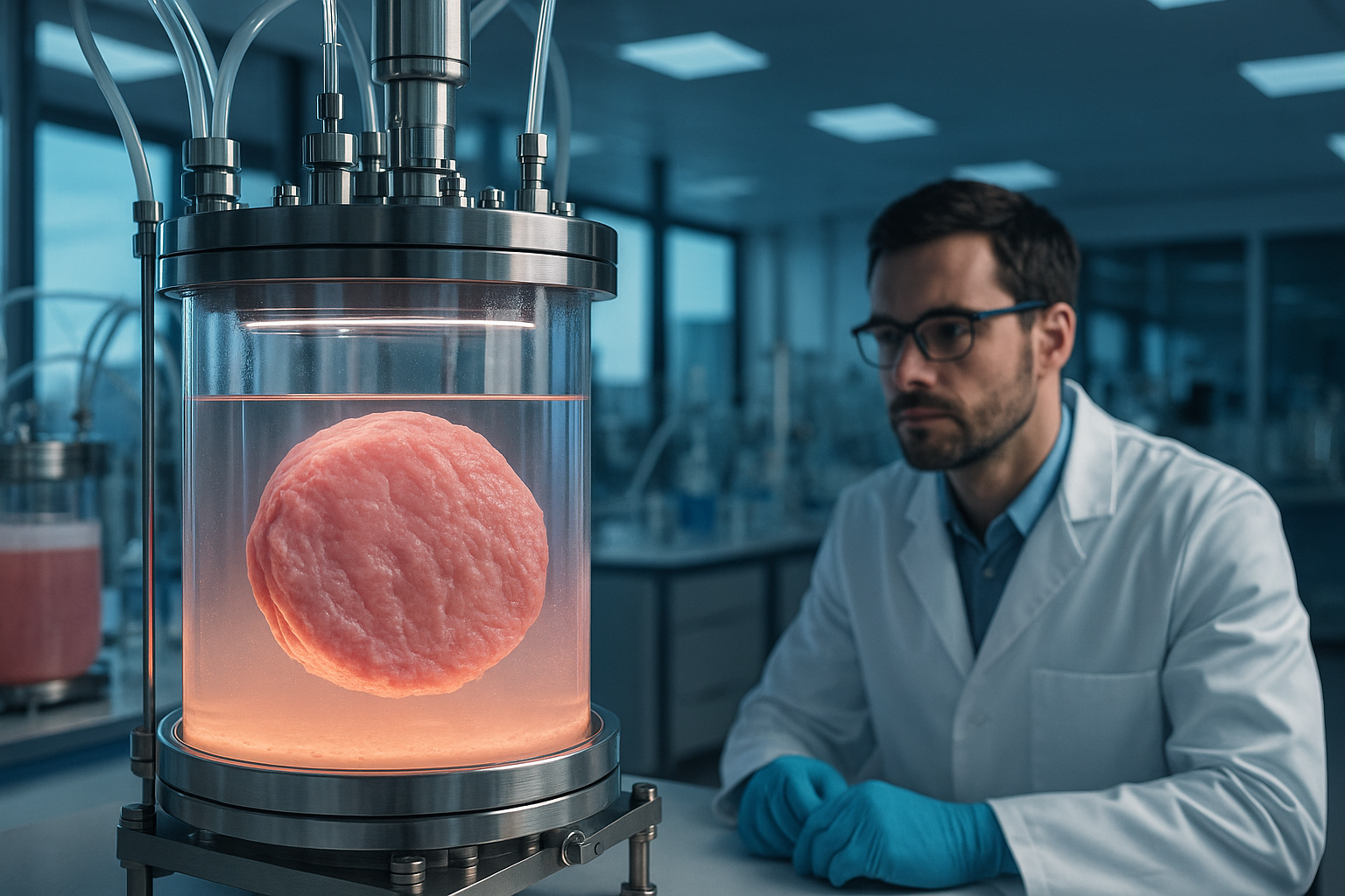 Vue d’un laboratoire moderne où un scientifique observe une grande cuve transparente contenant un morceau de viande artificielle en cours de culture, éclairé par une lumière rosée.