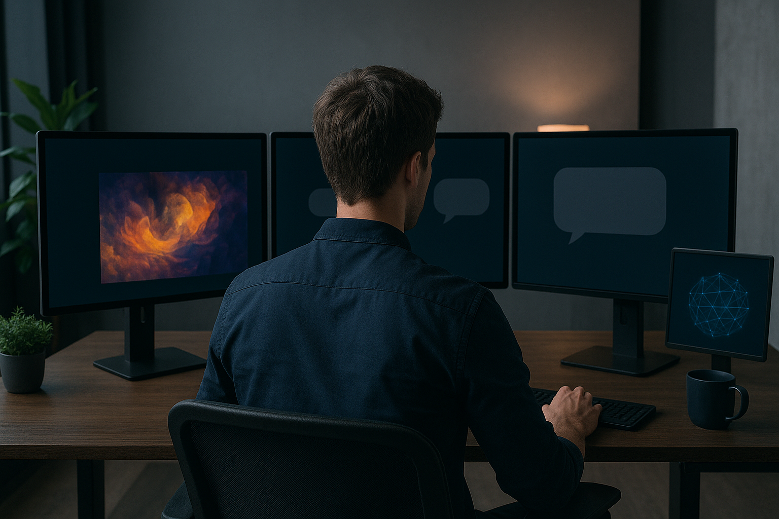 Personne assise devant plusieurs écrans d’ordinateur affichant des interfaces abstraites, dans un bureau moderne et éclairé.