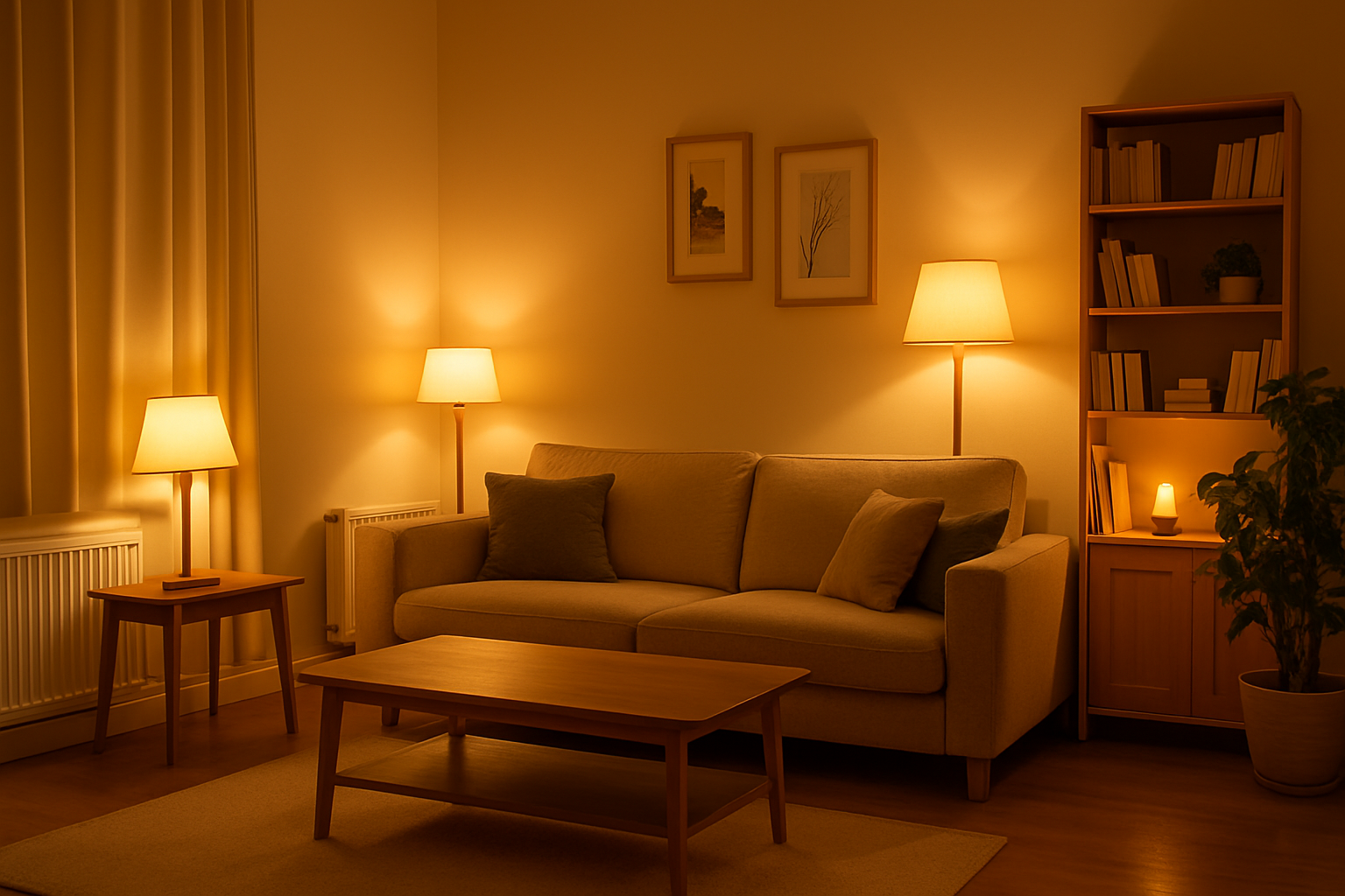 Salon chaleureux entièrement éclairé avec plusieurs lampes allumées, illustrant un intérieur confortable rendu possible grâce aux aides énergie.