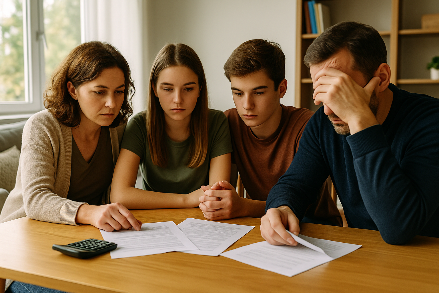 Famille assise autour d’une table en bois dans un salon lumineux, examinant des documents vierges et un calculateur, avec une expression inquiète illustrant l’impact potentiel de la baisse des allocations familiales.