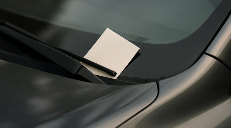 Amende glissée sous l’essuie-glace d’une voiture sur un pare-brise sombre.
