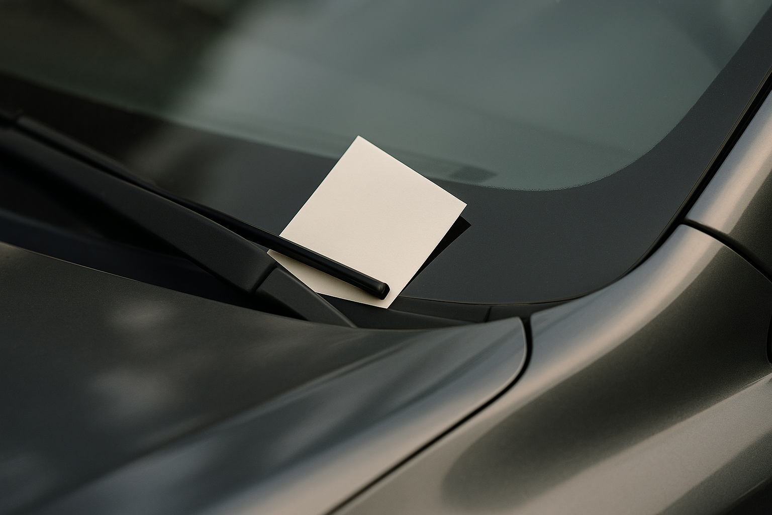 Amende glissée sous l’essuie-glace d’une voiture sur un pare-brise sombre.