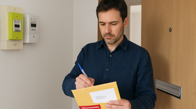 Homme remplissant une lettre recommandée devant le compteur électrique pour sécuriser son logement contre les squatteurs.
