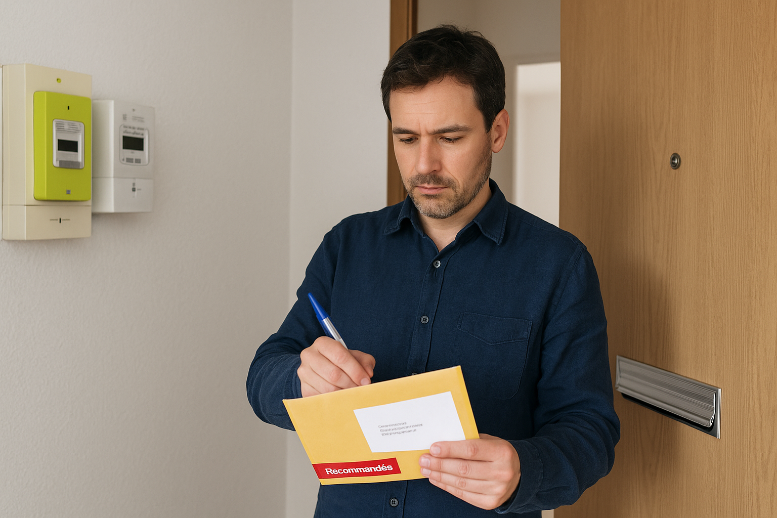 Homme remplissant une lettre recommandée devant le compteur électrique pour sécuriser son logement contre les squatteurs.