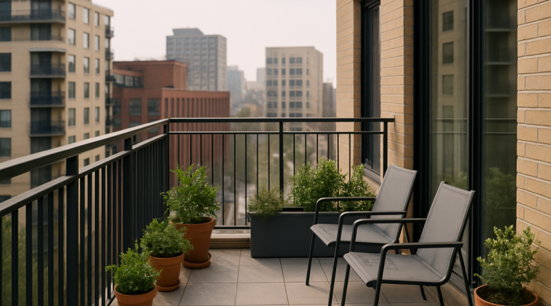 Balcon moderne d’immeuble avec plantes et mobilier léger, vue urbaine en arrière-plan