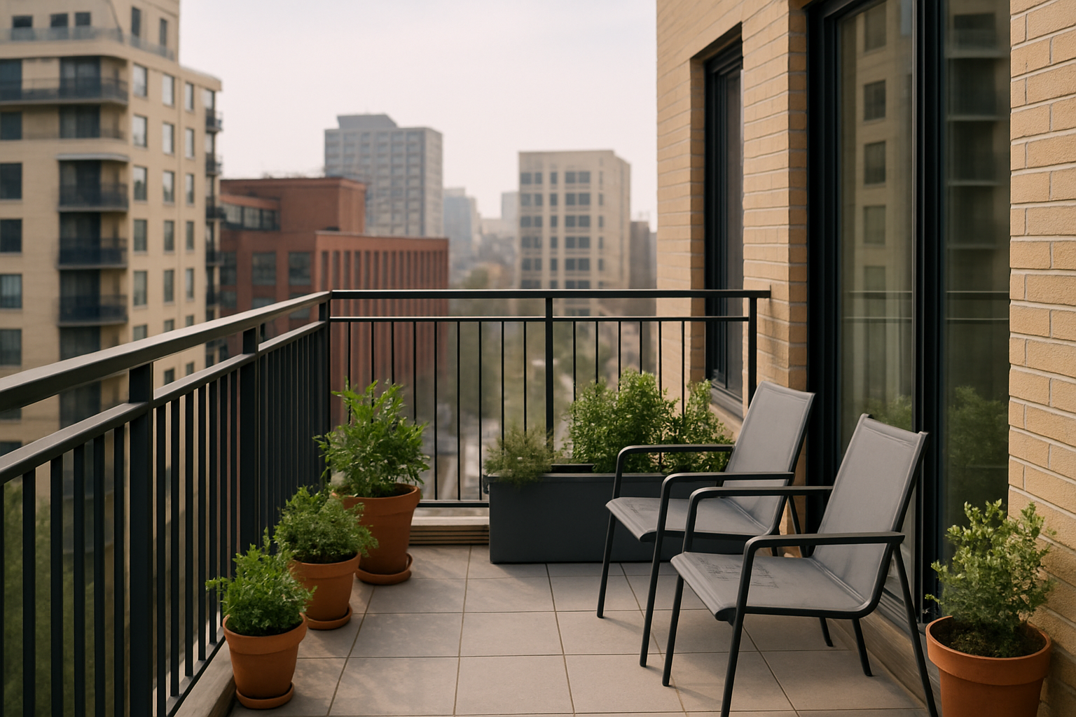 Balcon moderne d’immeuble avec plantes et mobilier léger, vue urbaine en arrière-plan