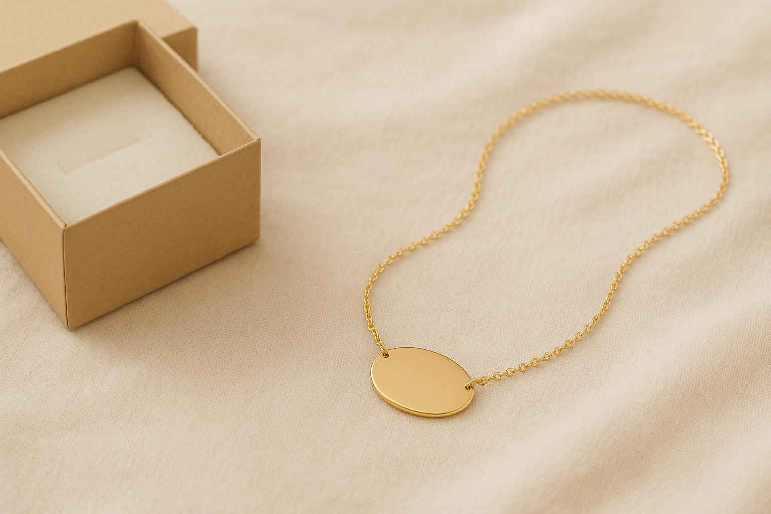 Un collier en or délicatement posé sur un tissu clair, à côté d’une boîte cadeau ouverte, dans une ambiance douce et lumineuse, sans gravure ni texte visible.