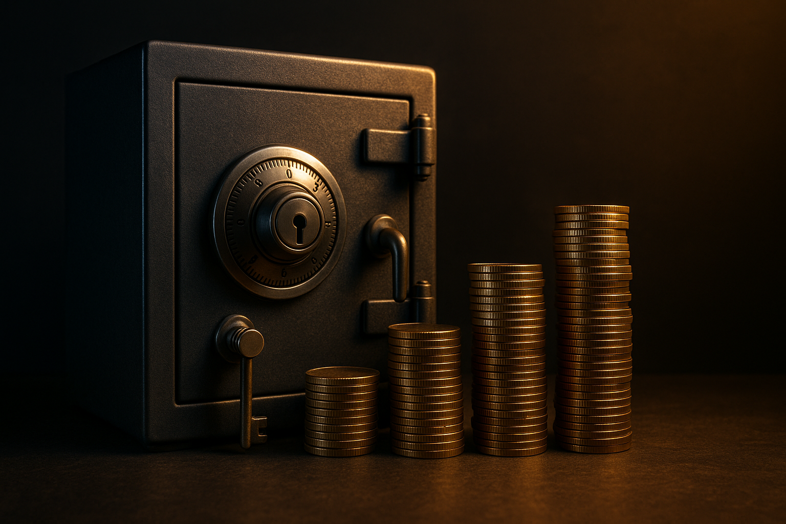 Coffre-fort métallique éclairé dans une ambiance sombre, accompagné de piles de pièces dorées symbolisant l’épargne et l’accumulation de richesse.
