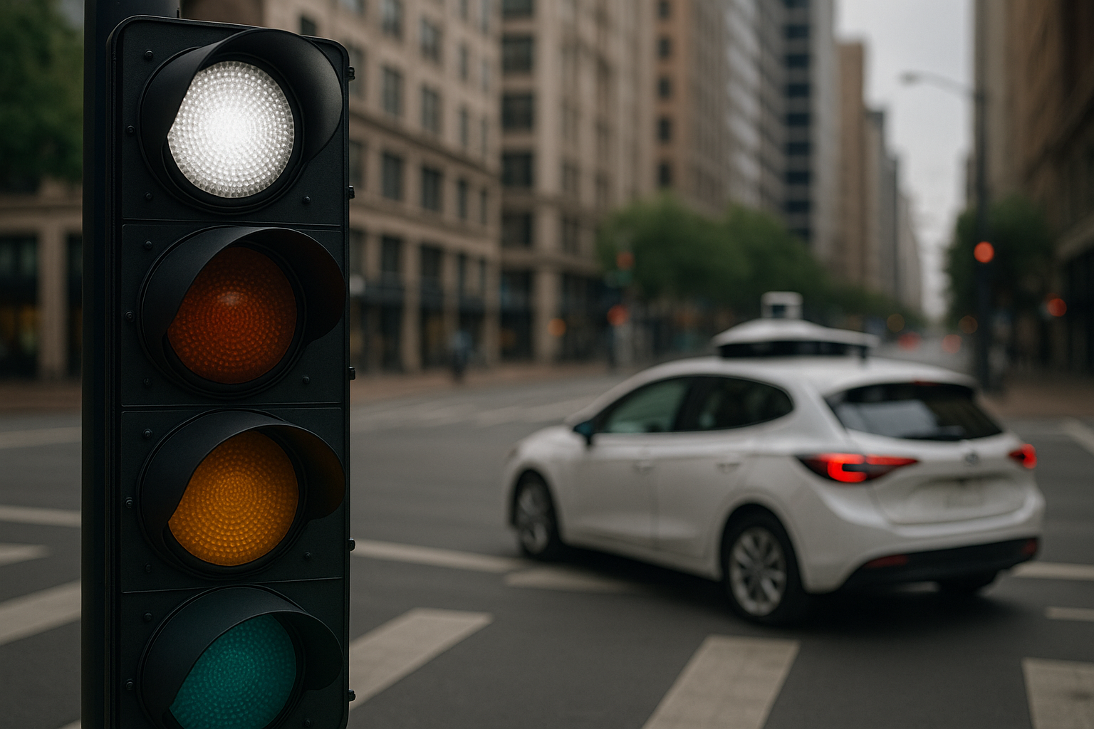 Feu tricolore en gros plan avec un carrefour urbain en arrière-plan, illustrant l’hypothèse d’une nouvelle lumière blanche dans la signalisation.