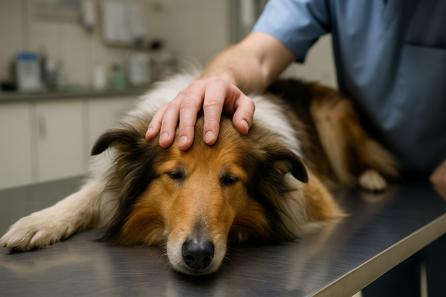 Un chien malade allongé sur la table d’examen d’une clinique vétérinaire, les yeux mi-clos, pendant qu’un vétérinaire pose sa main sur sa tête pour le réconforter.