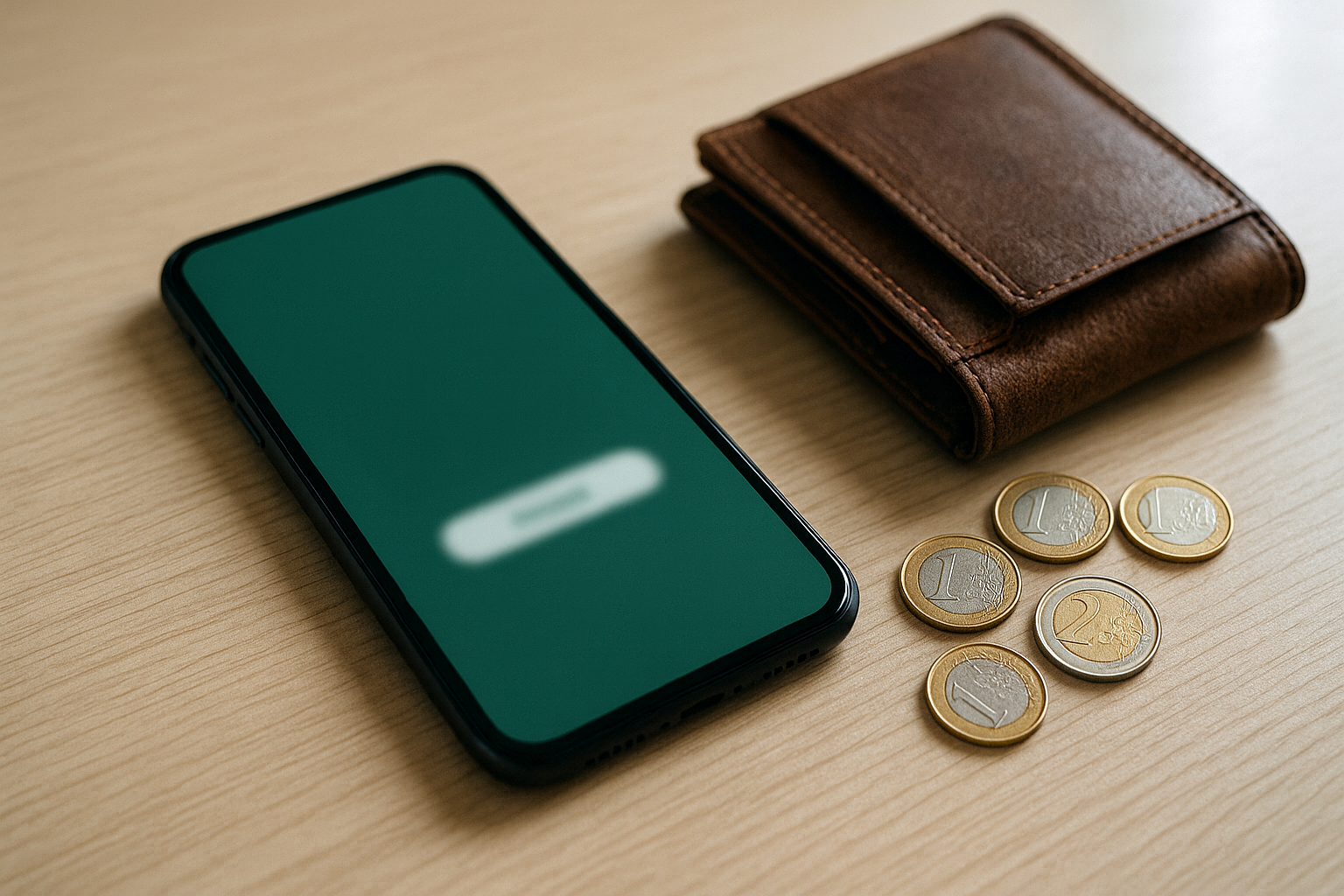 Smartphone posé sur une table en bois clair à côté d’un portefeuille en cuir et de pièces en euros, illustrant les gains possibles grâce au cashback et au Code Parrainage.