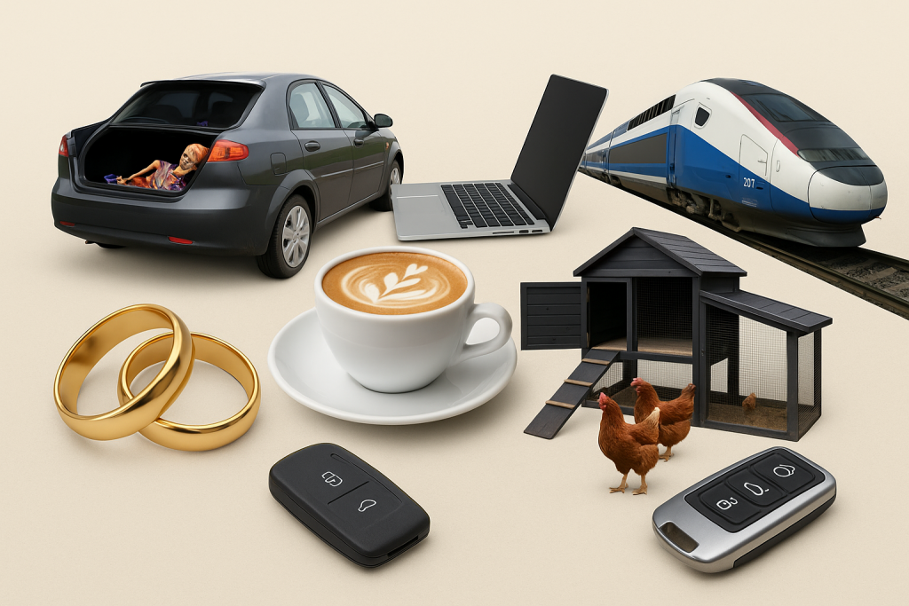 Montage symbolique représentant plusieurs scènes insolites : une voiture avec un faux squelette dans le coffre pour Halloween, un train moderne type Eurostar, une tasse de café sur une table, deux alliances dorées, un poulailler avec des poules, un ordinateur portable et des clés de voiture, le tout sur fond clair, illustrant dix histoires insolites vraies.