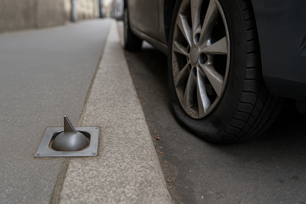 Gros plan sur une voiture garée partiellement sur un trottoir, avec un pneu avant crevé à cause d’un petit dispositif métallique encastré dans le sol évoquant un système anti-stationnement, dans une rue urbaine calme.