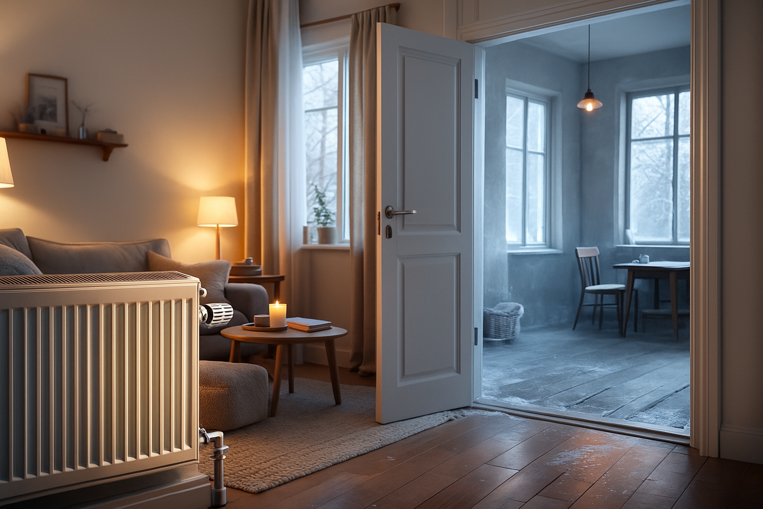Radiateur allumé dans un salon avec une porte ouverte sur une pièce non chauffée