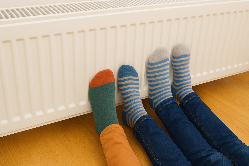 Deux paires de pieds en chaussettes posées contre un radiateur blanc dans un intérieur, illustrant la recherche de chaleur en période de froid.