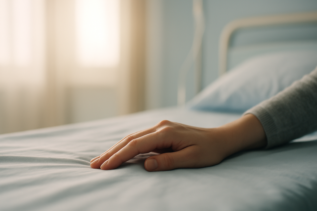 Main posée délicatement sur un drap d’hôpital bleu clair, baignée d’une lumière douce et chaleureuse symbolisant l’attente, l’espoir et la tendresse dans un moment d’épreuve.