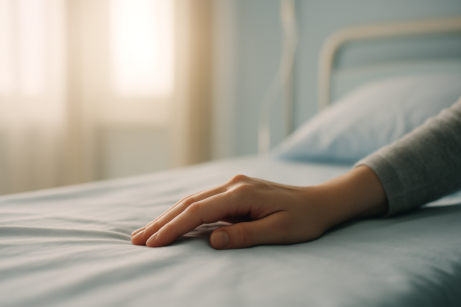 Main posée délicatement sur un drap d’hôpital bleu clair, baignée d’une lumière douce et chaleureuse symbolisant l’attente, l’espoir et la tendresse dans un moment d’épreuve.