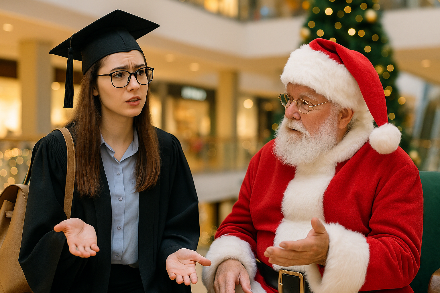 Jeune femme diplômée en finance, portant une toge universitaire et discutant avec un homme déguisé en Père Noël dans un centre commercial décoré pour les fêtes, symbolisant l’absurdité d’une offre d’emploi inadaptée.