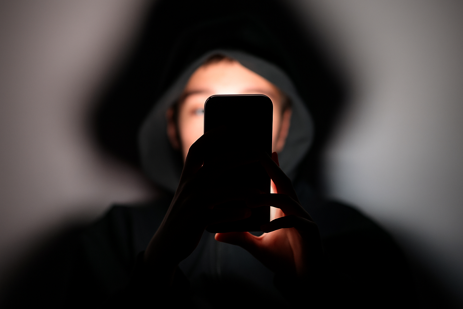 Une personne vêtue d’un sweat à capuche consulte son smartphone dans la pénombre, éclairée par la lumière de l’écran, symbolisant la surveillance numérique et l’espionnage des données personnelles.