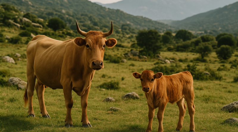 Vache et veau dans un pré corse – image d’illustration symbolisant l’affaire de maltraitance animale en Corse-du-Sud.