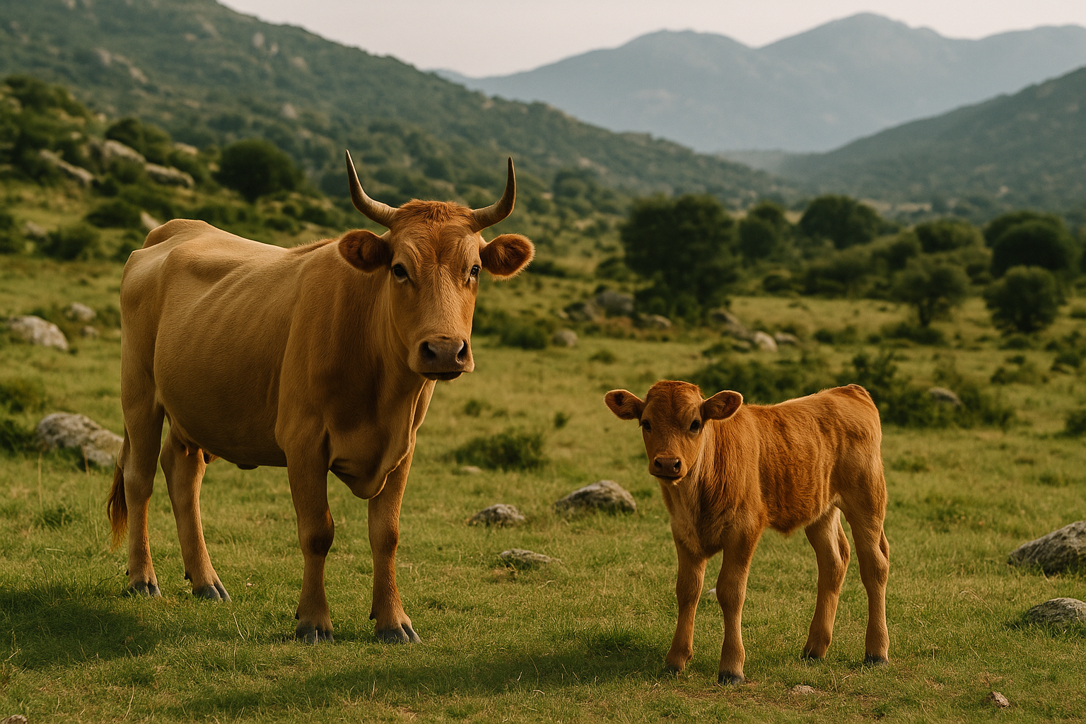 Vache et veau dans un pré corse – image d’illustration symbolisant l’affaire de maltraitance animale en Corse-du-Sud.